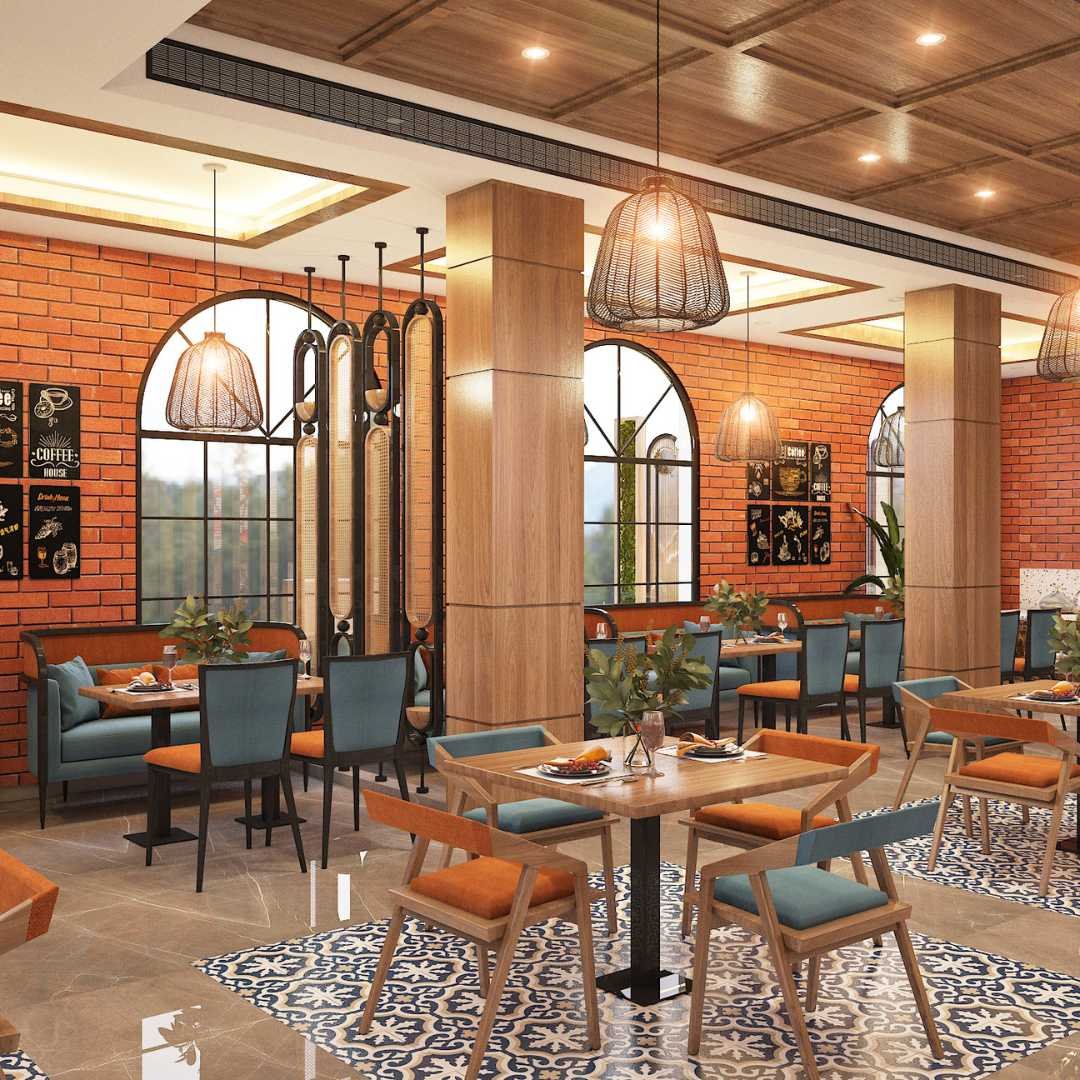 Inviting restaurant interior with contemporary design, comfortable seating, and elegant lighting.