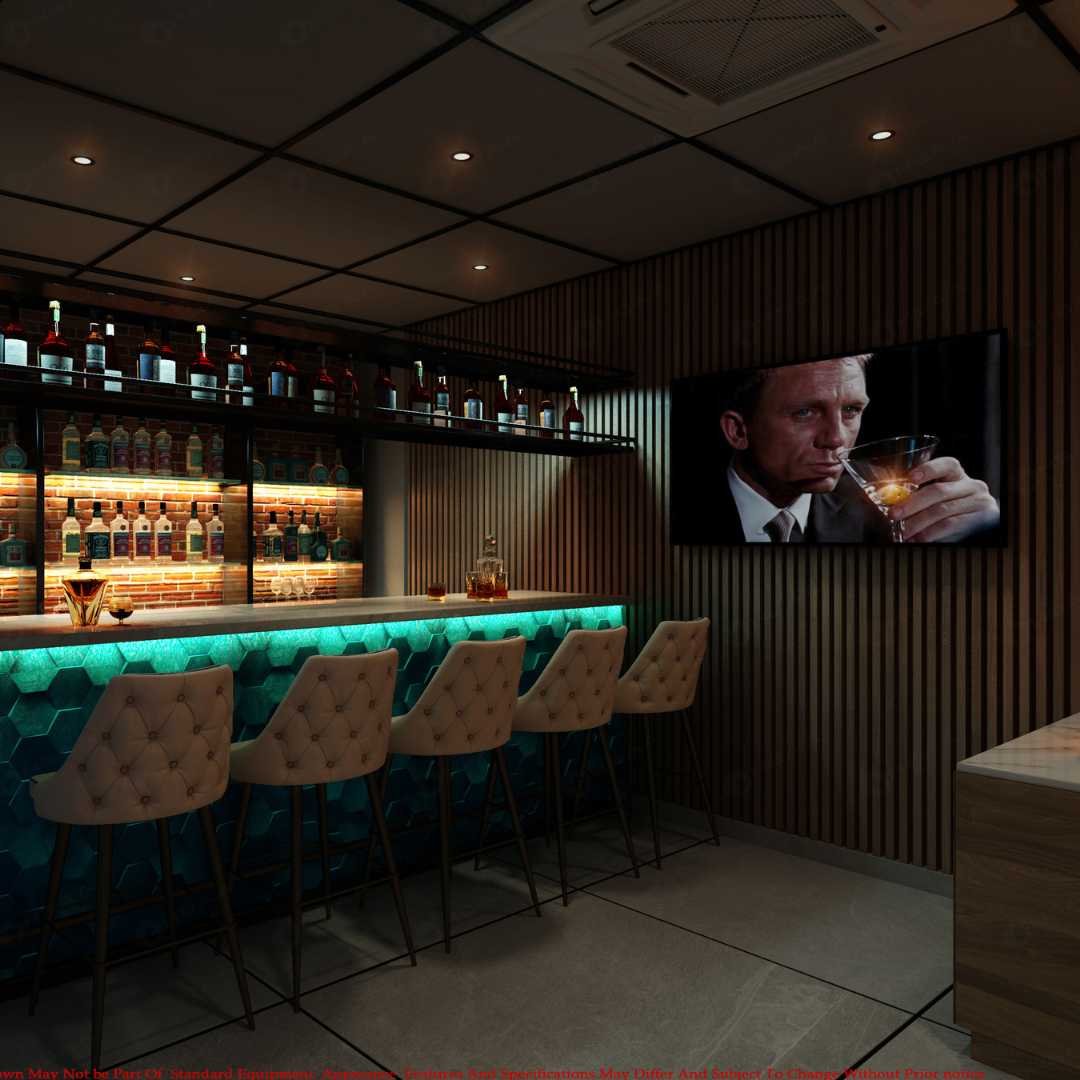 Modern bar interior with sleek furnishings, ambient lighting, and a stylish atmosphere.