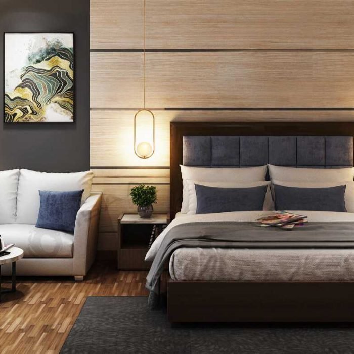 With over 12 years of experience, they provide tailored interior design solutions, emphasizing meticulous planning and budget-friendly options. designed bedroom with cozy bedding, ambient lighting, and modern decor.